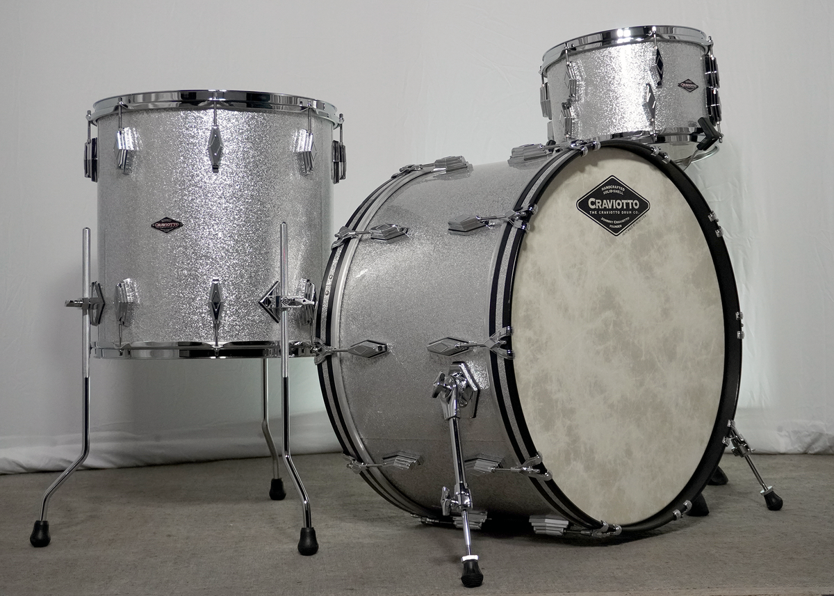 CRAVIOTTO Custom Shop Maple Kit 24x14, 12x08, 16x16 w/ Diamond Cast Lugs &amp; 45&#39; Edges - Silver Sparkle Wrap (Ex-Artist Demo)